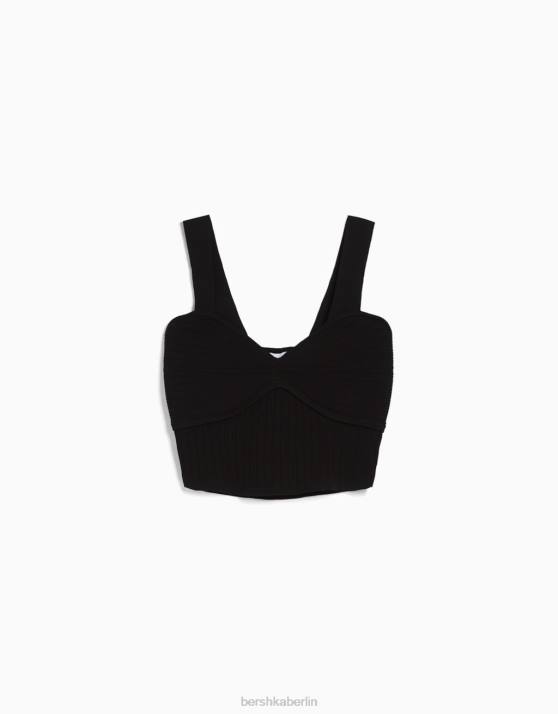 Schwarz Bershka Frauen Oberteil aus geripptem Nylon mit Trägern H00J975