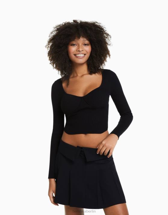 Schwarz Bershka Frauen Oberteil im Rippstrick-Korsett-Stil H00J1018