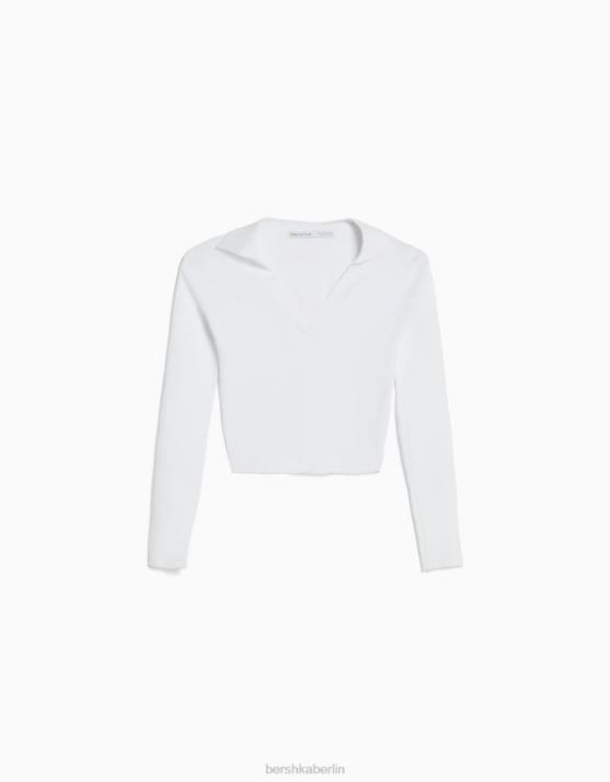 Weiss Bershka Frauen Oberteil aus geripptem Jersey mit Polokragen H00J1039