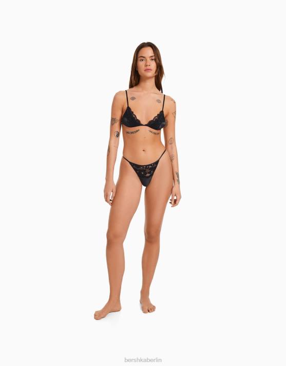 Schwarz Bershka Frauen Spitzen-Tanga H00J1750