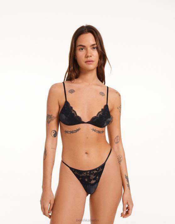 Schwarz Bershka Frauen Spitzen-Tanga H00J1750