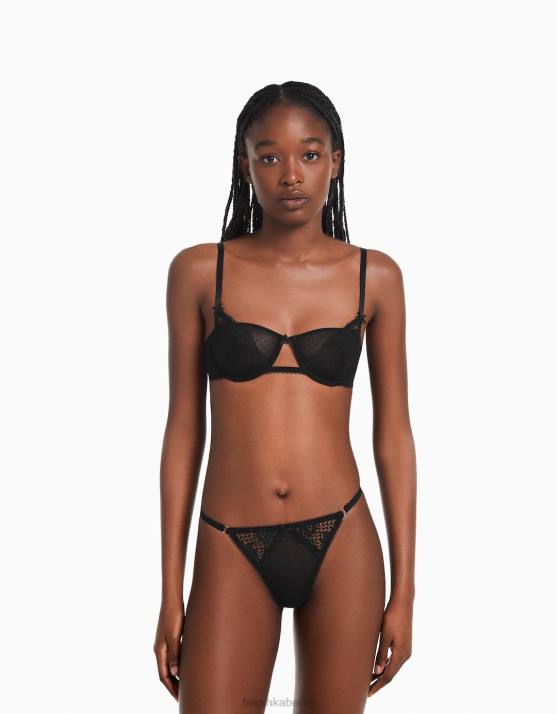 Schwarz Bershka Frauen Tanga aus gepunkteter, blonder Spitze aus Netzstoff H00J1749
