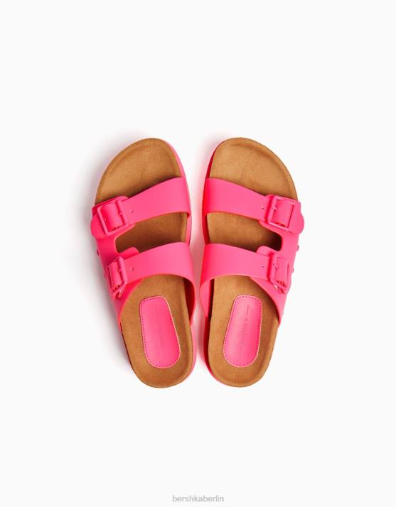 Fuchsie Bershka Frauen flache Plateausandalen mit Schnallen H00J2219