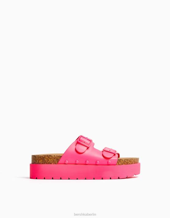Fuchsie Bershka Frauen flache Plateausandalen mit Schnallen H00J2219