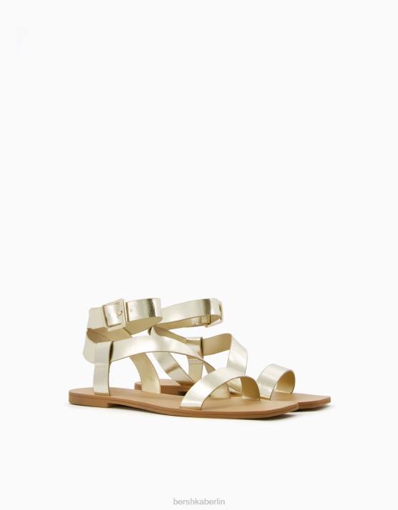 Gold Bershka Frauen Flache Slider-Sandalen mit metallischen Riemen H00J2225