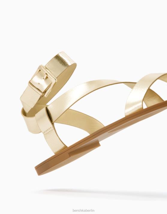 Gold Bershka Frauen Flache Slider-Sandalen mit metallischen Riemen H00J2228