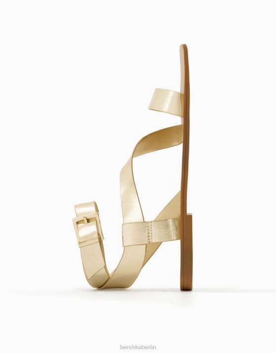 Gold Bershka Frauen Flache Slider-Sandalen mit metallischen Riemen H00J2228