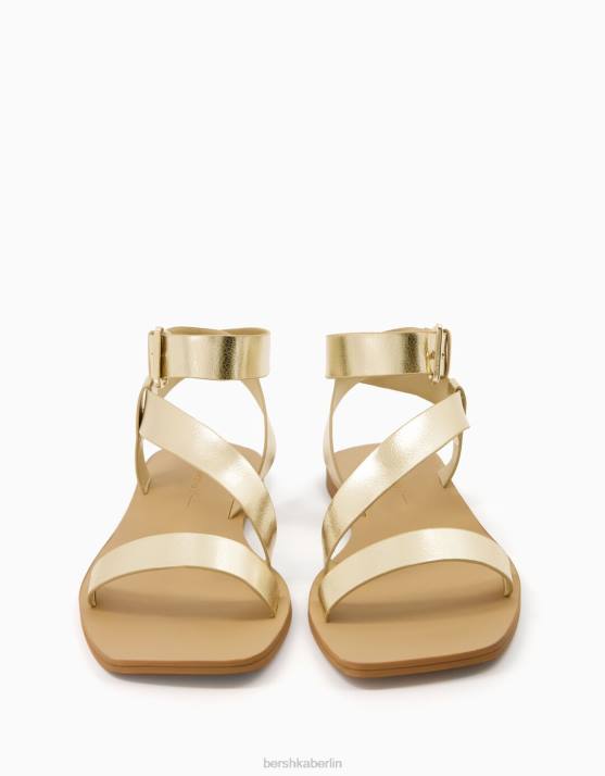 Gold Bershka Frauen Flache Slider-Sandalen mit metallischen Riemen H00J2228