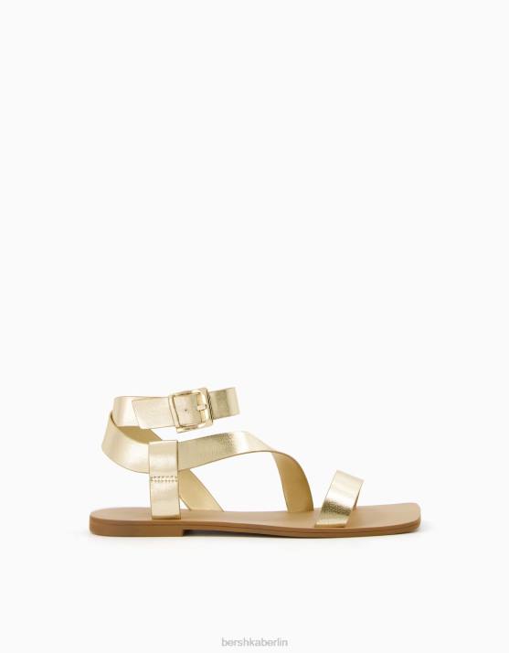 Gold Bershka Frauen Flache Slider-Sandalen mit metallischen Riemen H00J2228