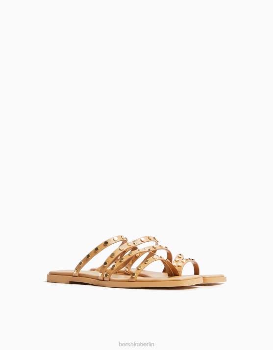 Sand Bershka Frauen Flache Slider-Sandalen mit Nieten H00J2236