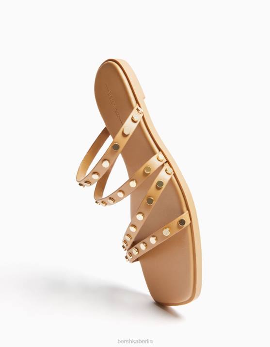 Sand Bershka Frauen Flache Slider-Sandalen mit Nieten H00J2236