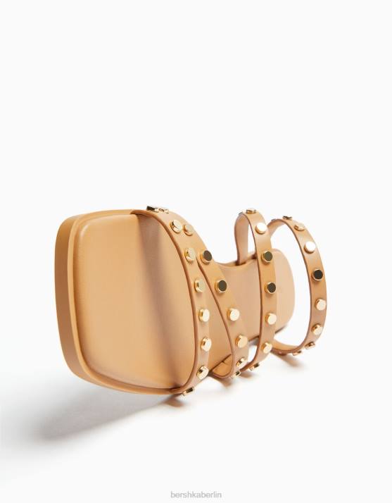 Sand Bershka Frauen Flache Slider-Sandalen mit Nieten H00J2236
