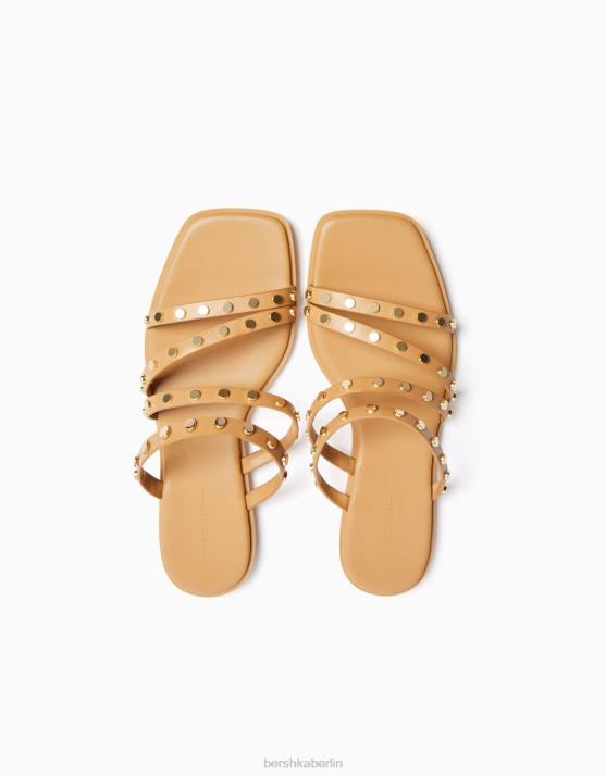 Sand Bershka Frauen Flache Slider-Sandalen mit Nieten H00J2236