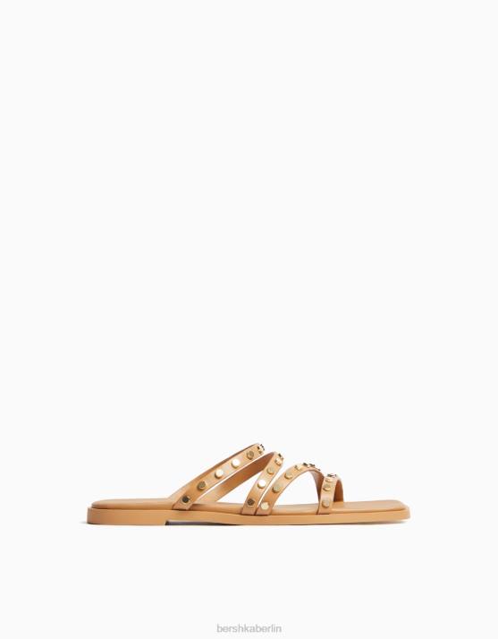 Sand Bershka Frauen Flache Slider-Sandalen mit Nieten H00J2236