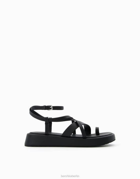 Schwarz Bershka Frauen Flache Mini-Plateausandalen mit Knöchelriemen H00J2018