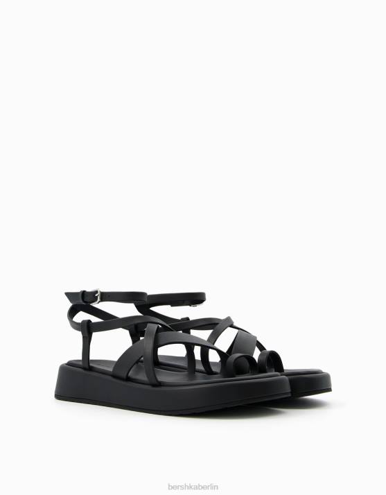Schwarz Bershka Frauen Flache Mini-Plateausandalen mit Knöchelriemen H00J2239