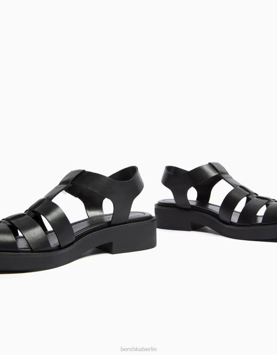Schwarz Bershka Frauen flache Käfigsandalen H00J1895