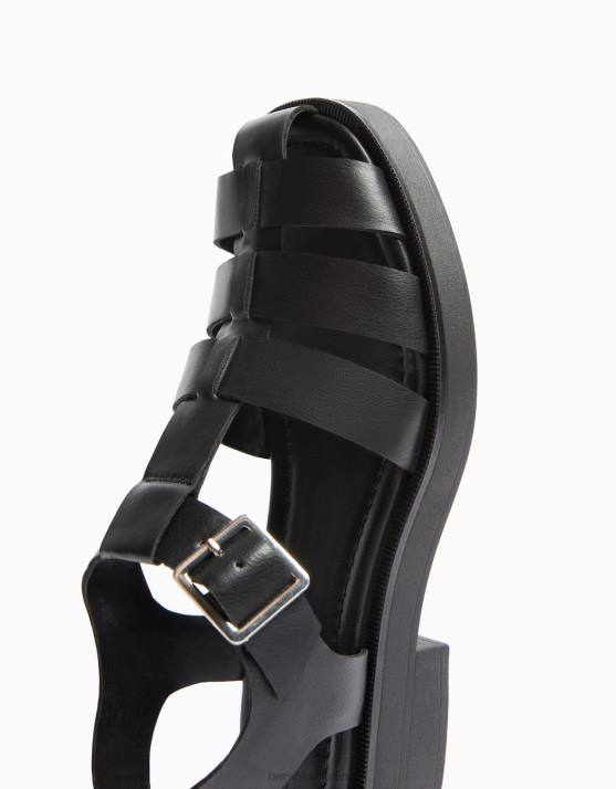 Schwarz Bershka Frauen flache Käfigsandalen H00J1895