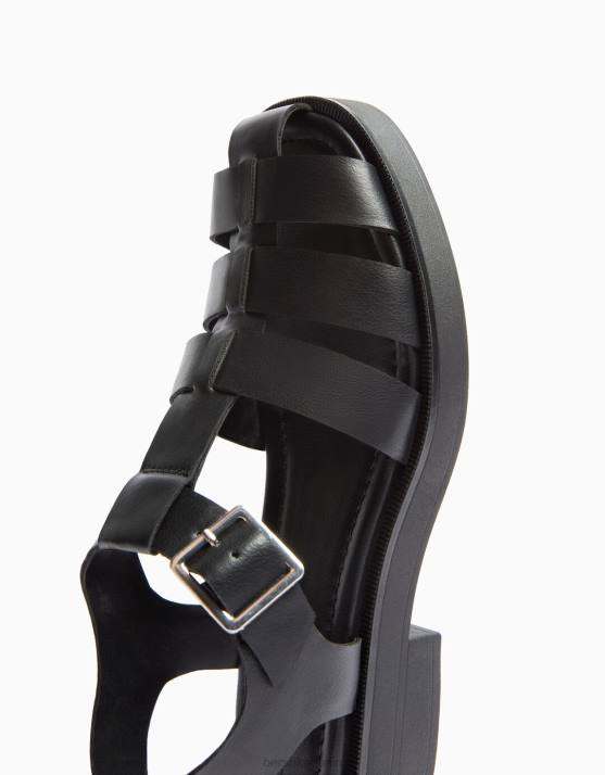 Schwarz Bershka Frauen flache Käfigsandalen H00J2217