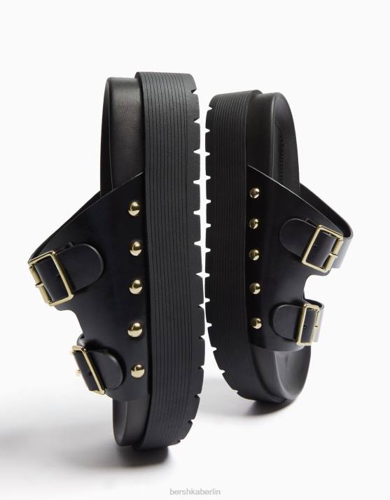 Schwarz Bershka Frauen flache Plateausandalen mit Schnallen H00J2014