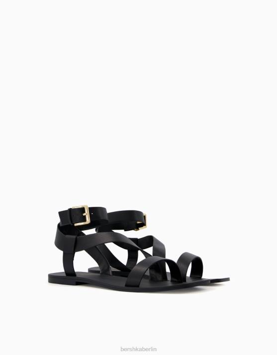 Schwarz Bershka Frauen flache Sandalen mit Knöchelriemen H00J2214