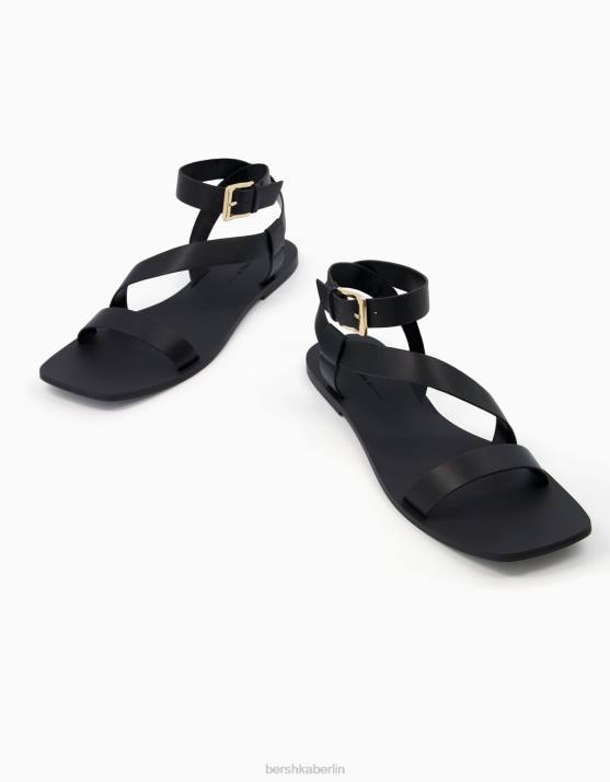 Schwarz Bershka Frauen flache Sandalen mit Knöchelriemen H00J2214