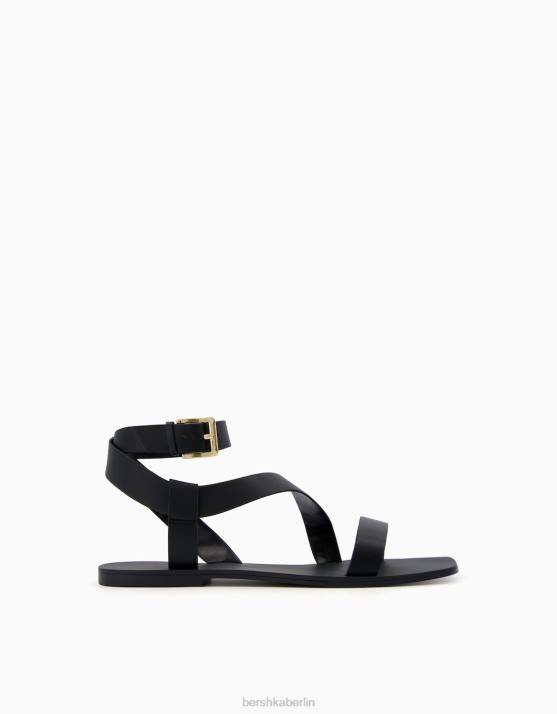 Schwarz Bershka Frauen flache Sandalen mit Knöchelriemen H00J2214