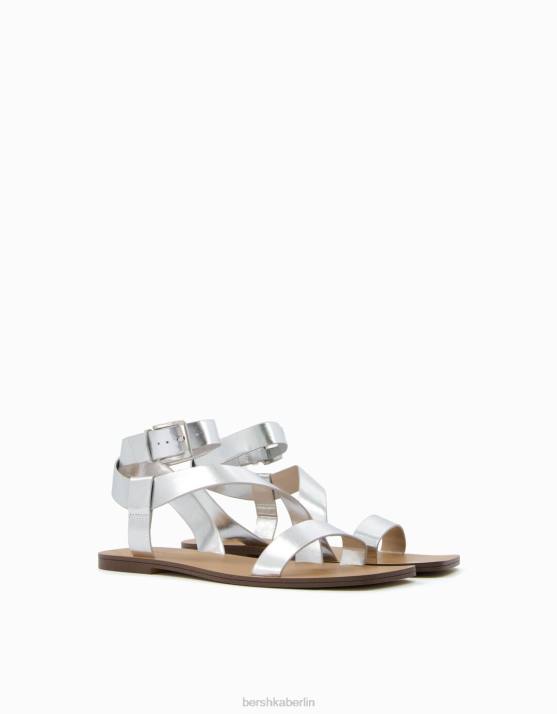 Silber Bershka Frauen flache Sandalen mit Knöchelriemen H00J2215