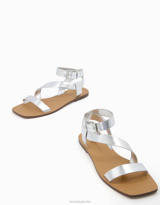 Silber Bershka Frauen flache Sandalen mit Knöchelriemen H00J2215