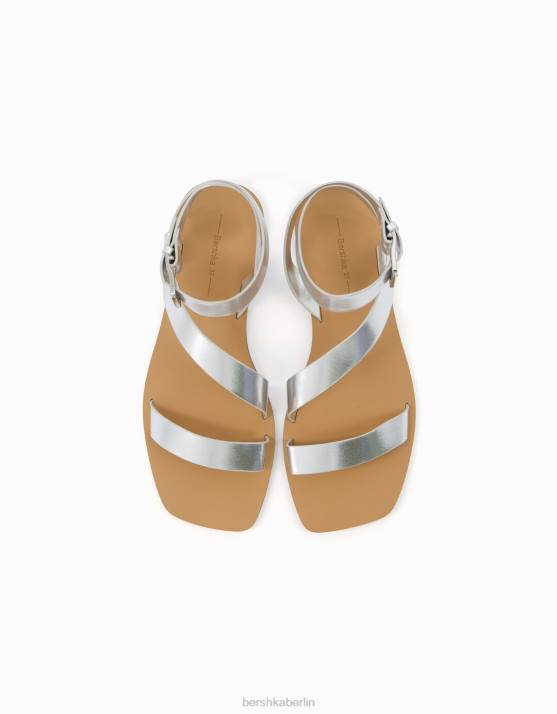 Silber Bershka Frauen flache Sandalen mit Knöchelriemen H00J2215