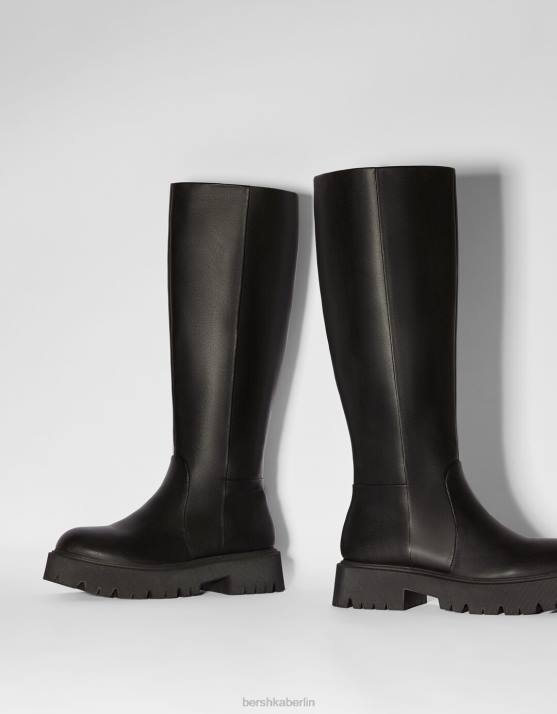 Schwarz Bershka Frauen einfache flache Stiefel H00J2283