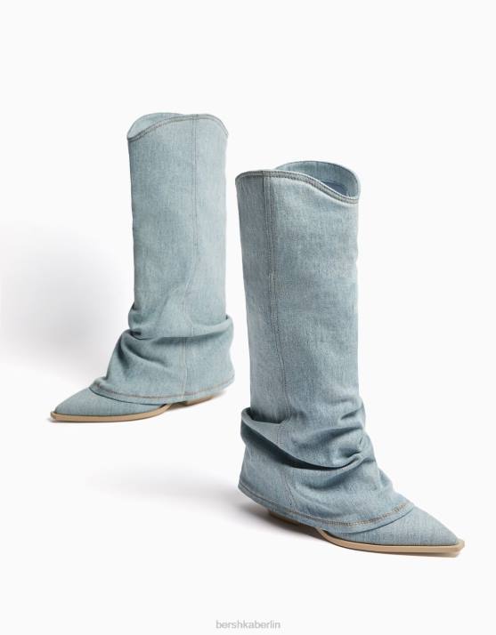 blau verwaschen Bershka Frauen Jeansstiefel mit Cowboy-Absatz H00J2292