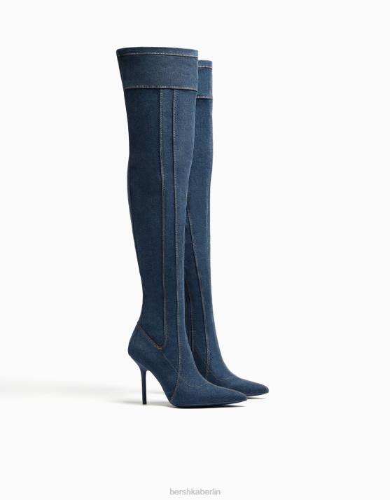blau verwaschen Bershka Frauen Overknee-Jeansstiefel mit hohem Absatz H00J1949