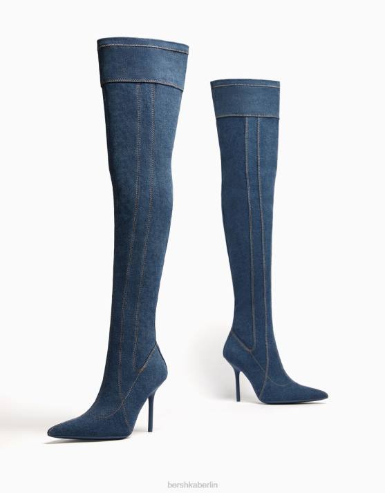 blau verwaschen Bershka Frauen Overknee-Jeansstiefel mit hohem Absatz H00J2335