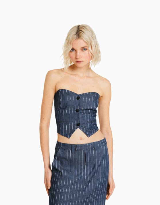 Dunkelblau Bershka Frauen Maßgeschneiderte Nadelstreifenweste mit freiliegenden Schultern H00J1188