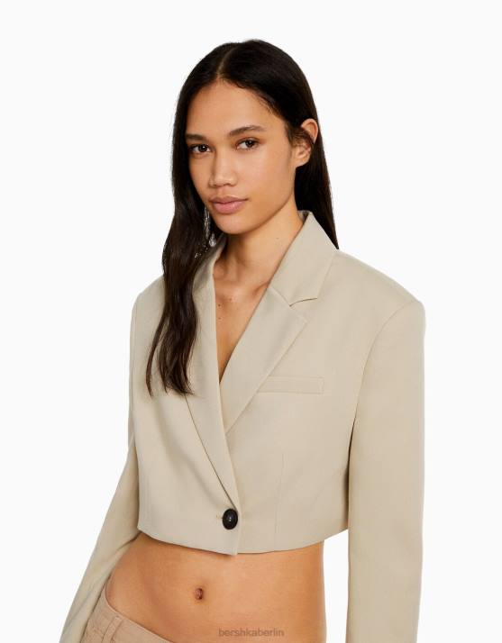 Kamel Bershka Frauen Kurzer, maßgeschneiderter Twill-Blazer H00J1206