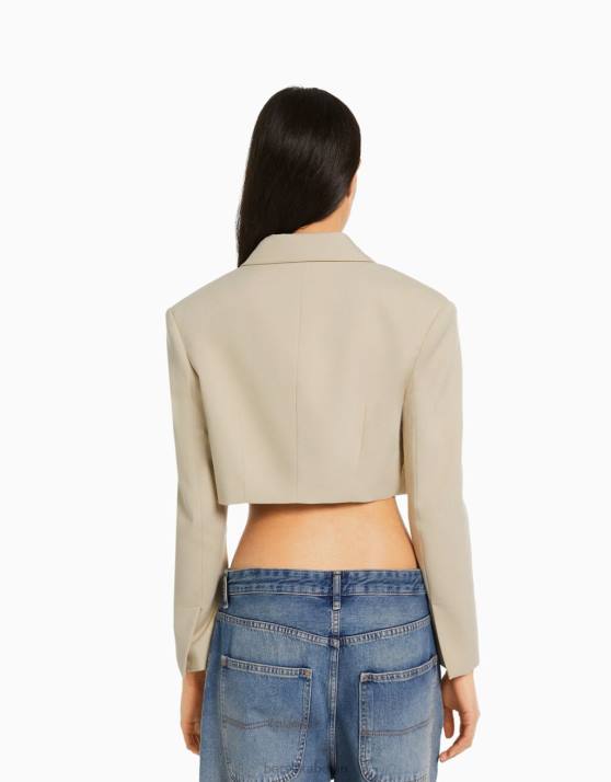 Kamel Bershka Frauen Kurzer, maßgeschneiderter Twill-Blazer H00J1208