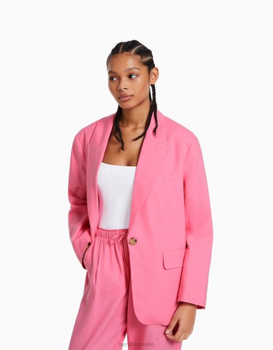 Rosa Bershka Frauen Blazer aus Leinenmischung H00J1195