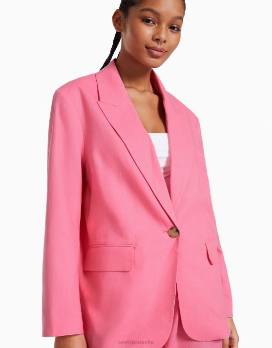 Rosa Bershka Frauen Blazer aus Leinenmischung H00J1195