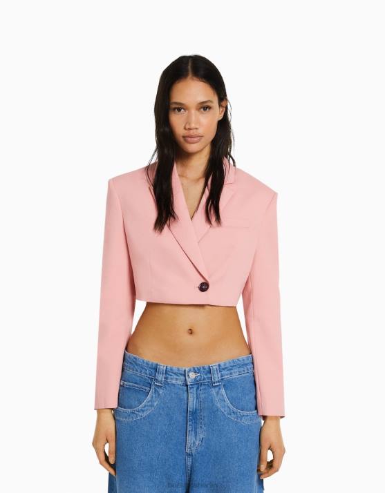 Rosa Bershka Frauen Kurzer, maßgeschneiderter Twill-Blazer H00J1207