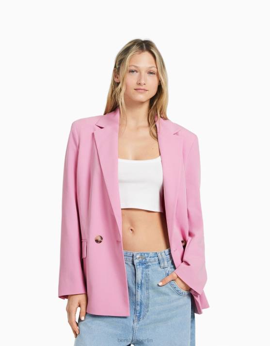 Rosa Bershka Frauen Taillierter, feminin geschnittener Zweireiher-Blazer mit regulärer Passform H00J1185