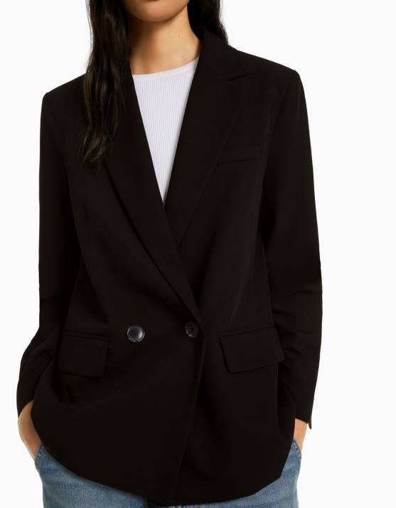 Schwarz Bershka Frauen Taillierter, feminin geschnittener Zweireiher-Blazer mit regulärer Passform H00J1183