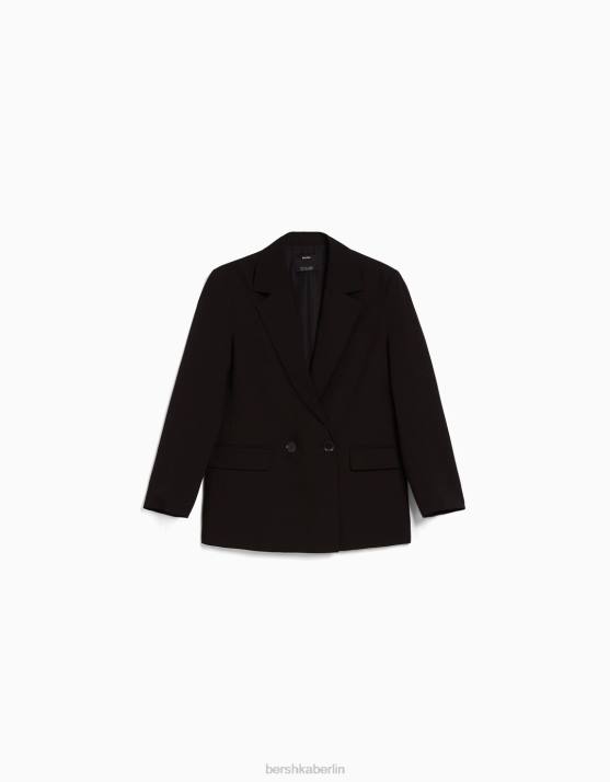 Schwarz Bershka Frauen Taillierter, feminin geschnittener Zweireiher-Blazer mit regulärer Passform H00J1183