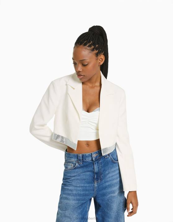 Weiss Bershka Frauen Blazer mit juwelenbesetztem Detail H00J1200