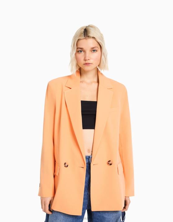 orange Bershka Frauen Taillierter, feminin geschnittener Zweireiher-Blazer mit regulärer Passform H00J1186