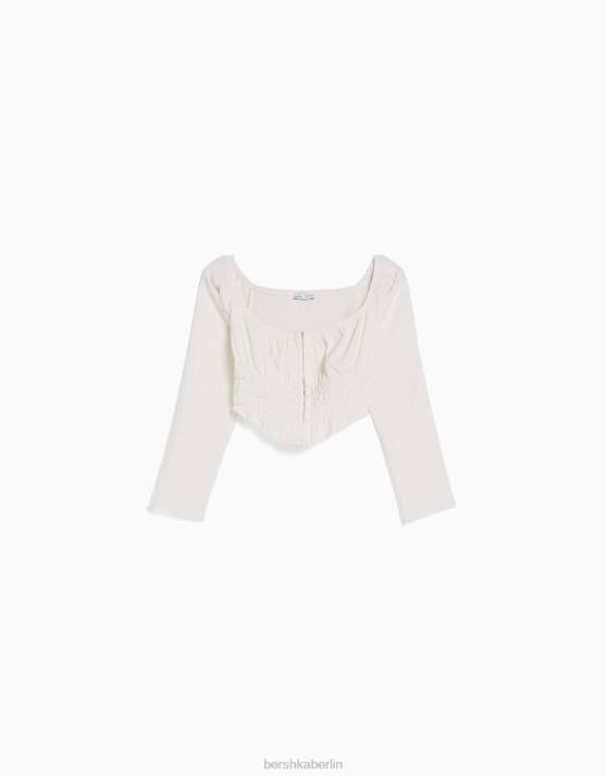 Creme Bershka Frauen Langärmlige, schulterfreie Bluse aus strukturiertem Webstoff H00J935