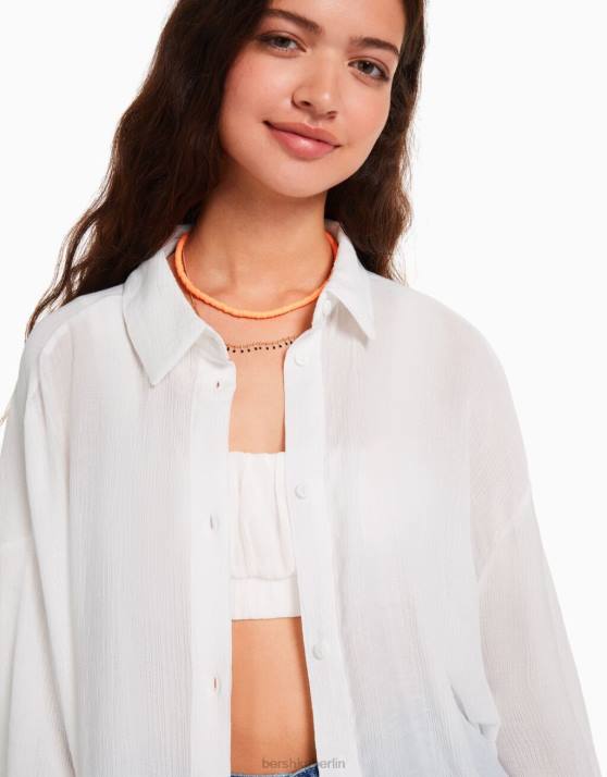 Creme Bershka Frauen Langärmliges, übergroßes Krepphemd H00J916