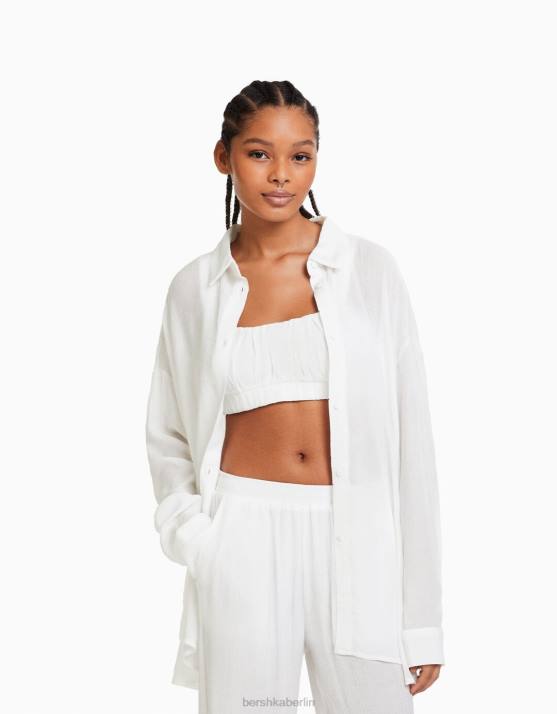 Creme Bershka Frauen Langärmliges, übergroßes Krepphemd H00J917