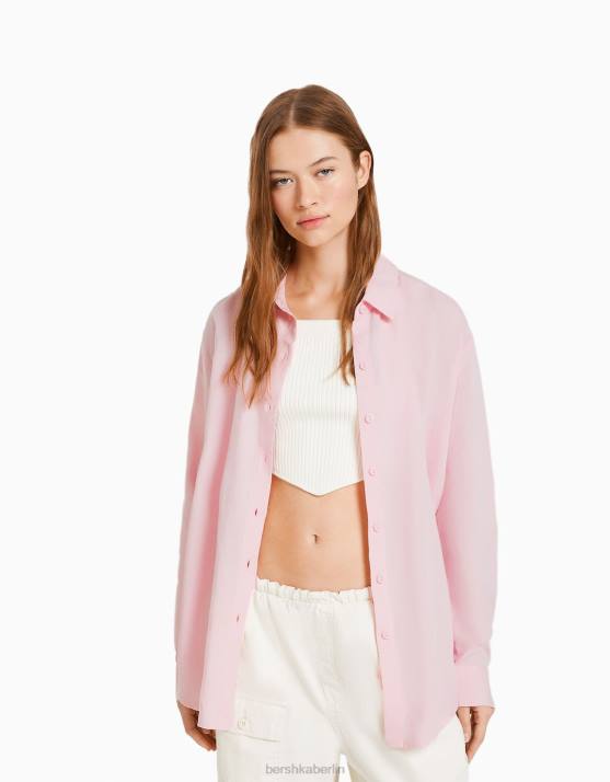 Rosa Bershka Frauen Langärmliges, übergroßes Leinenhemd H00J904