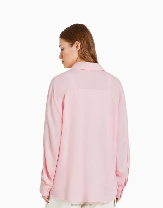 Rosa Bershka Frauen Langärmliges, übergroßes Leinenhemd H00J904